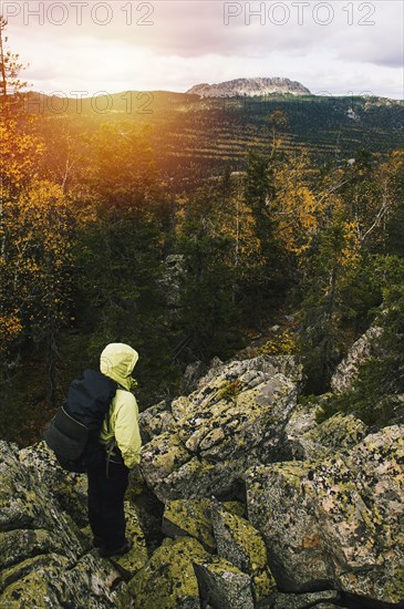 High angle view of hiker on remote mountaintop