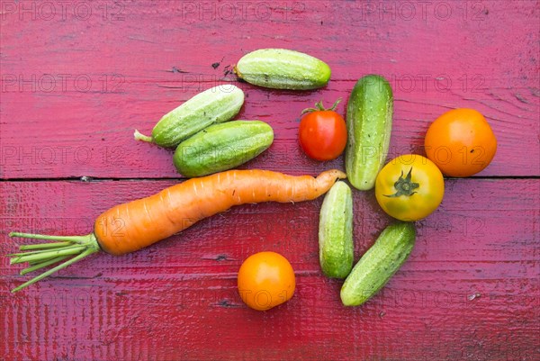 Close up of fresh vegetables on red wooden table