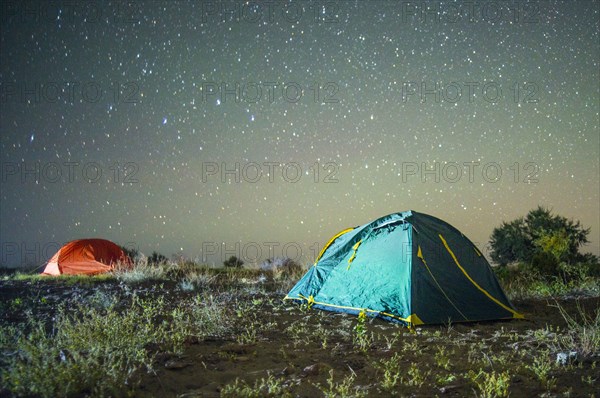 Camping tents under starry sky