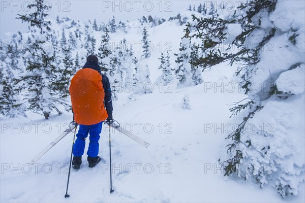 Caucasian hikers carrying skis on mountain