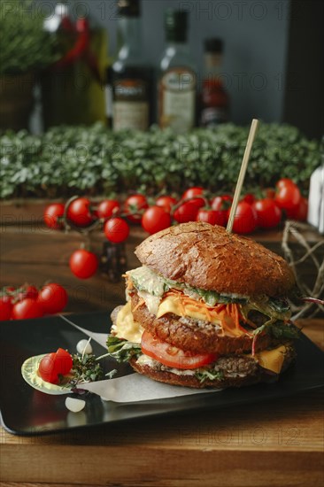 Gourmet cheeseburger on plate