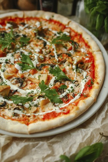 Gourmet pizza with basil on plate