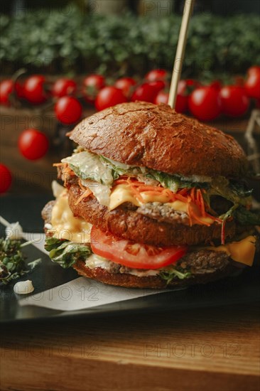 Gourmet cheeseburger on plate