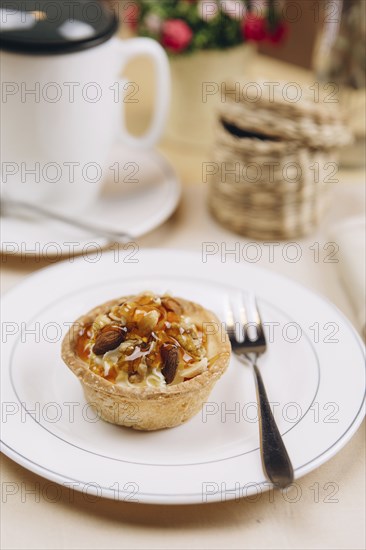 Tart on plate with fork