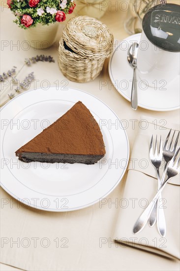 Slice of chocolate cake on plate