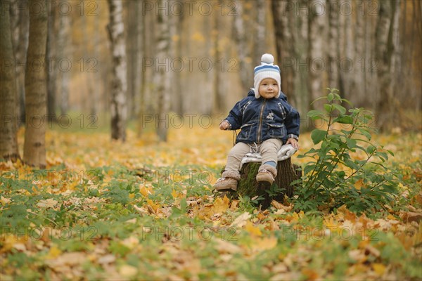 Middle Eastern baby boy sitting on tree stump in autumn