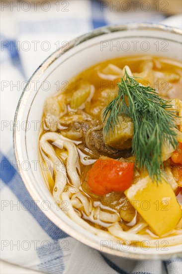 Garnish on bowl of soup with noodles