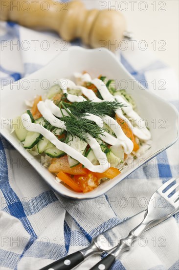 Garnish and dressing on salad in bowl