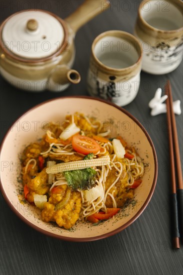 Chopsticks near a bowl of food