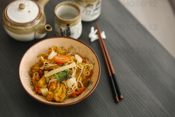 Chopsticks near bowl of food