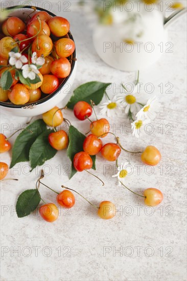 Cherries on white wooden table