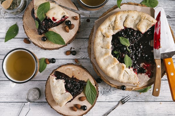 Blueberry pie on wooden table