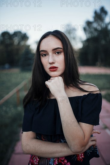 Portrait of pensive Caucasian woman