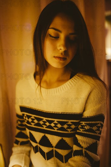 Portrait of pensive Caucasian woman