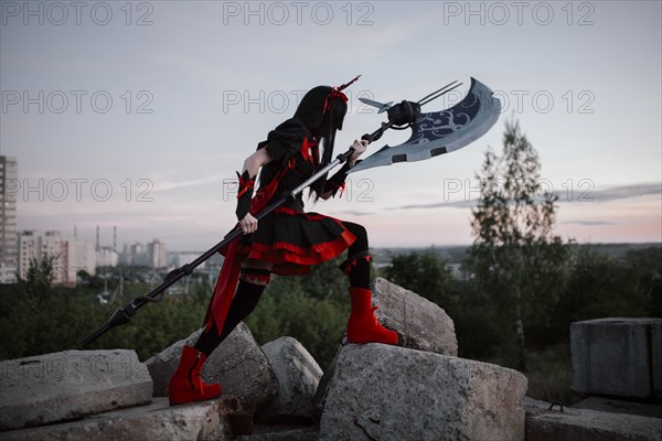 Caucasian woman wearing warrior costume