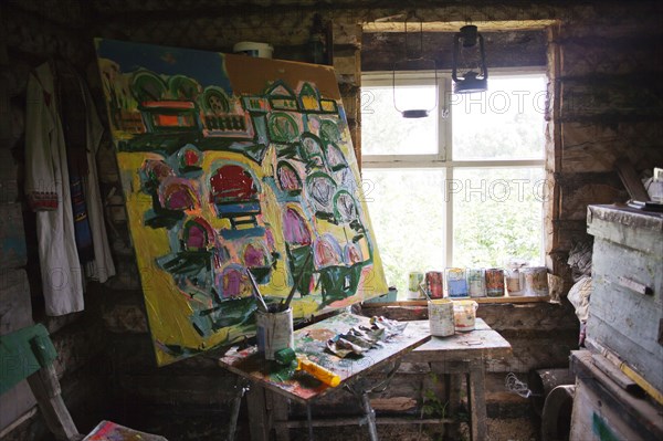 Large painting in art studio