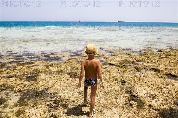 Mari boy exploring tidal pool on beach