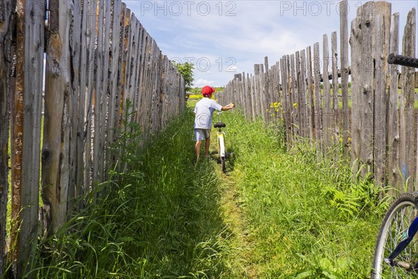 Mari boy pushing bicycle between fences
