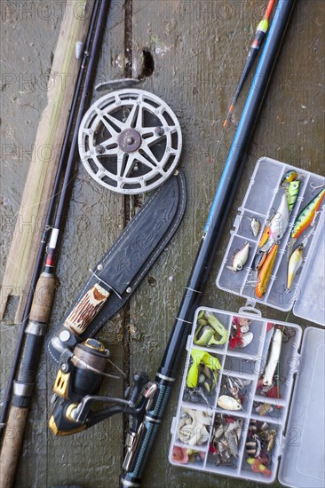 Fishing gear on table