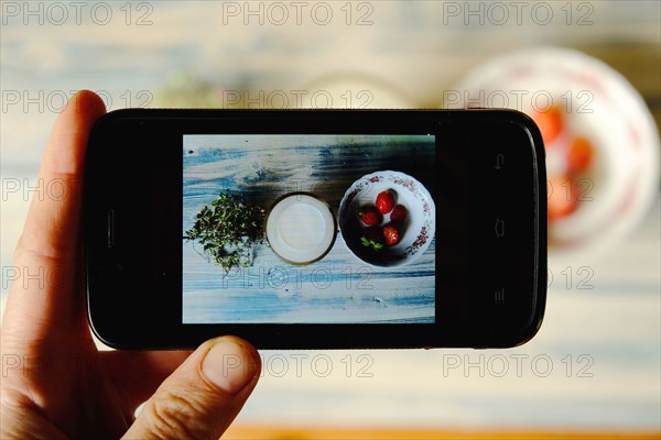 Hand of Caucasian woman photographing food
