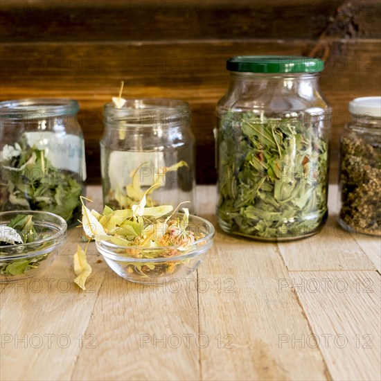 Jars and bowls of tea leaves