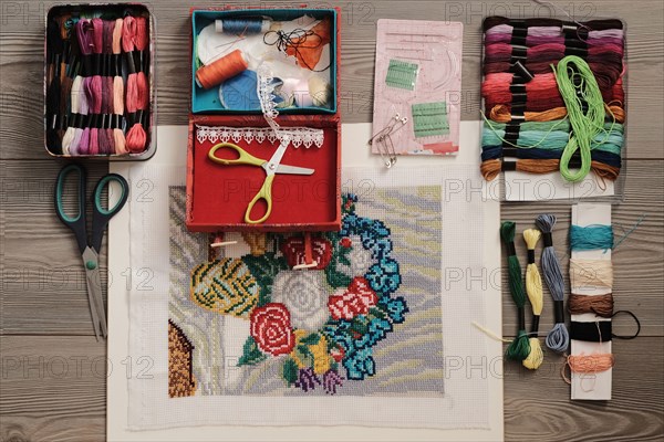 Embroidery supplies on table