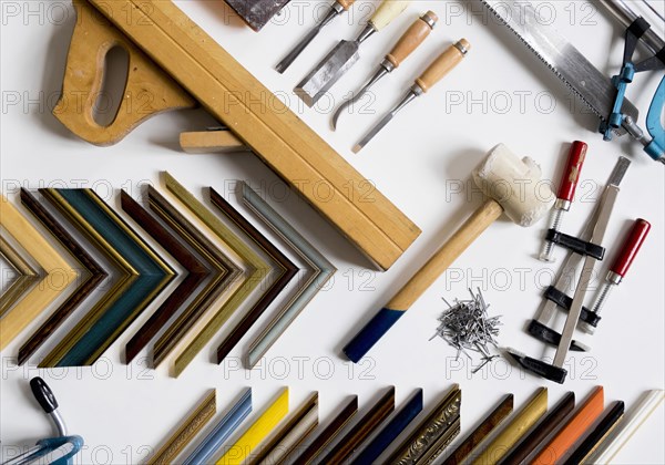 Picture frame tools on white table