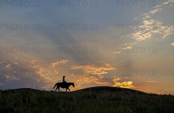 Silhouette of Caucasian woman riding horse at sunset