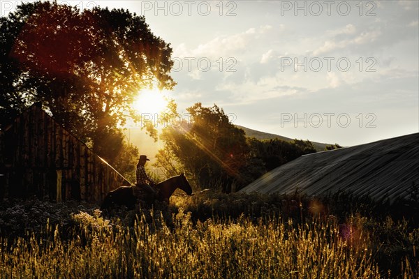 Caucasian woman riding horse near barn at sunset