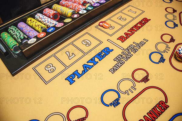 Gambling chips at baccarat table