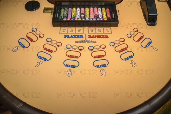 Gambling chips at baccarat table
