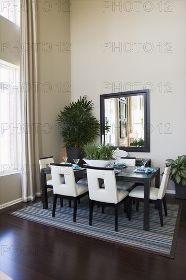 Contemporary dining area on striped area rug