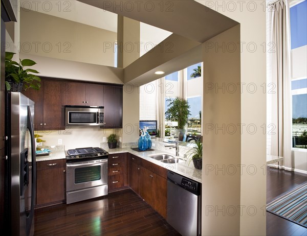 Kitchen with wooden cabinets in modern house