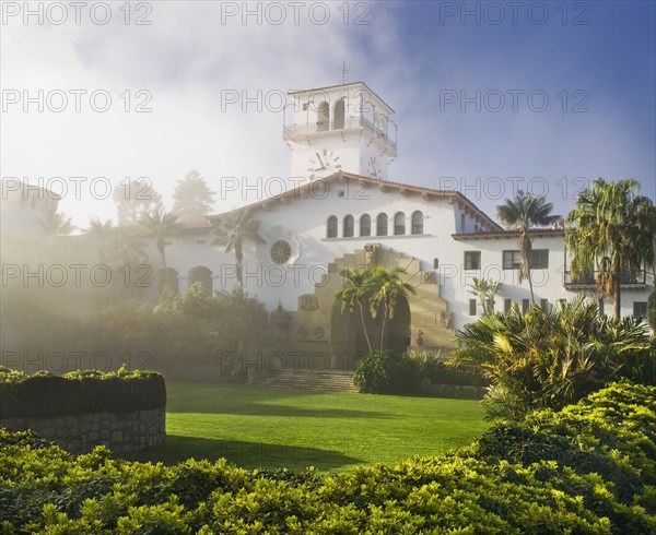 Exterior Santa Barbara Courthouse and sunken garden through morning mist