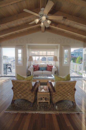 Wooden ceiling in traditional living room