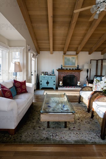 Interior of a traditional living room with wooden ceiling