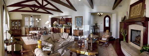 Panoramic shot of great room in traditional home