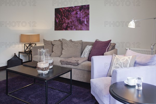 Coffee table on purple area rug in contemporary living room