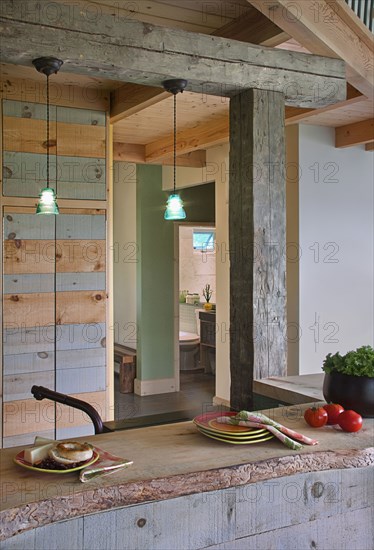 Food on kitchen counter below hanging lights at home