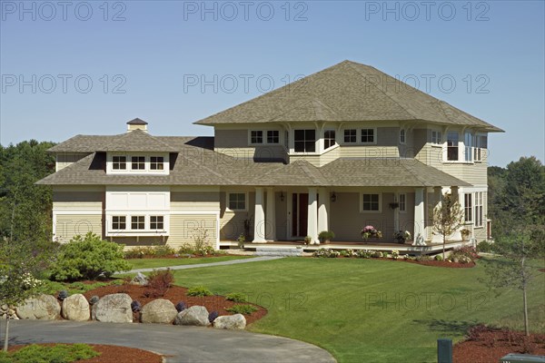 Exterior of a single family home against clear sky