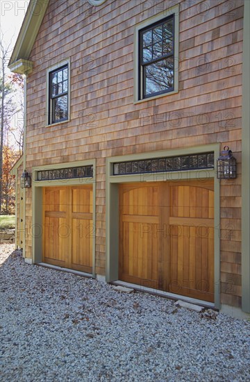 Wooden doors at garage of single family home