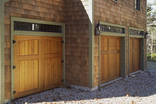 Wooden doors at garage of single family home