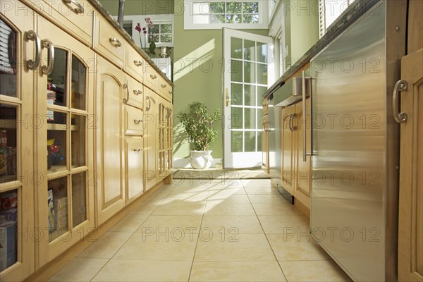 Wooden cabinets in domestic kitchen