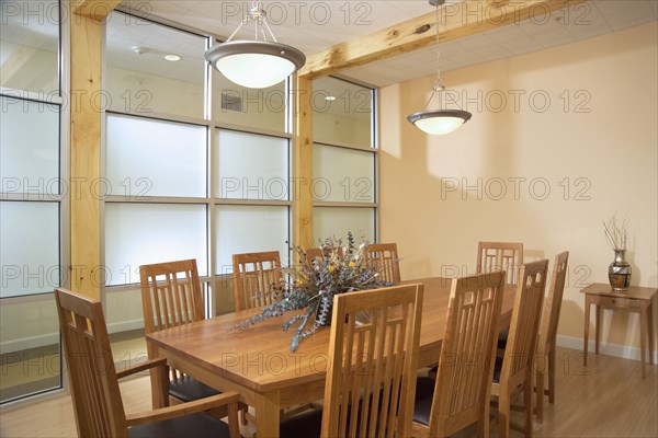 Contemporary dining room with mission style dining chairs