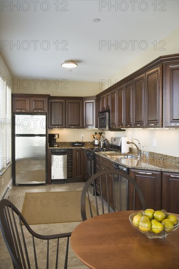 Contemporary kitchen with dark colored cabinets