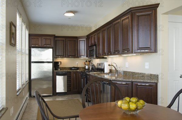 Contemporary kitchen with dark colored cabinets