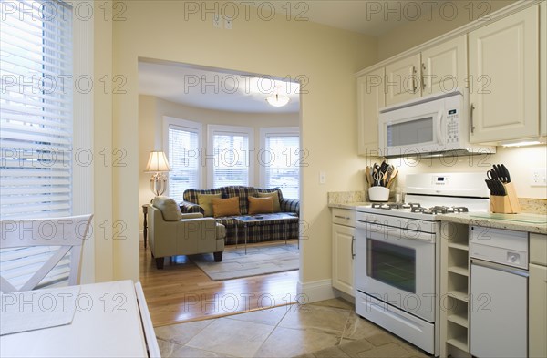 Traditional kitchen with doorway to living room