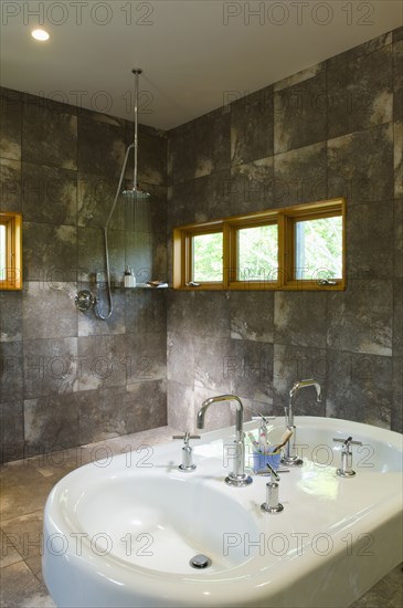 Modern double bathroom sink in spacious bathroom