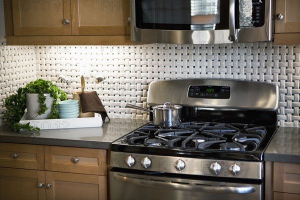 Stainless steel appliances in traditional kitchen