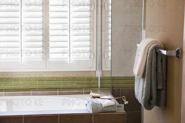 Windows above bathtub in traditional bathroom